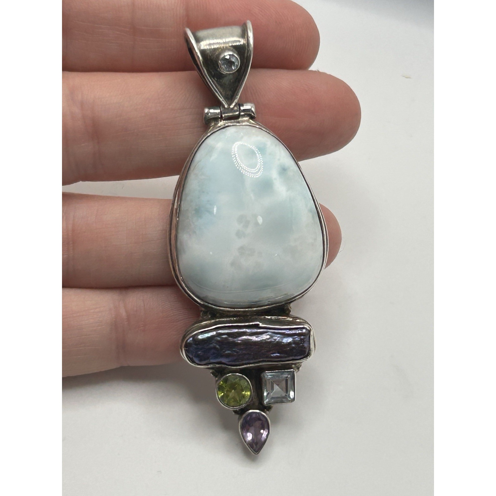 Larimar Multi Gemstone Pendant Sterling Silver 925 Artisan Statement Chunky